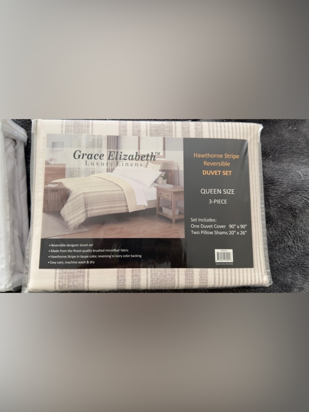 Grace Elizabeth Luxury Linens Queen Duvet Cover Set - Ivory & Taupe Stripes